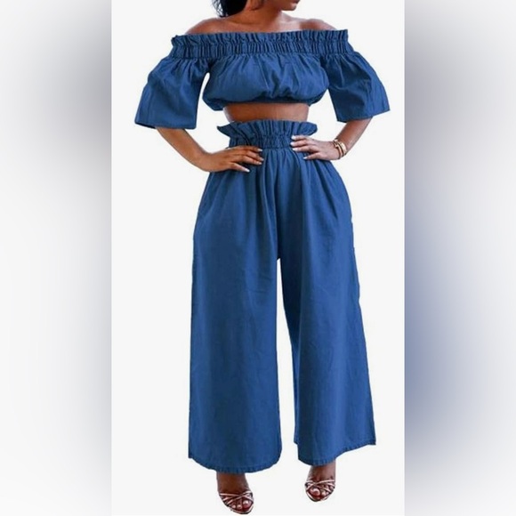 2pc Denim Crop Top and Wide Leg Pants - Picture 2 of 6